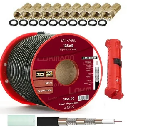 50m Koaxialkabel 135dB REINES KUPFER - 8K UHD SKY BLACK - HiFi-Kabel, 50m Koaxialkabel aus reinem Kupfer für hervorragende Signalqualität, ideal für Digital, HDTV und 4K Ultra HD.