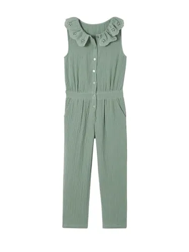 Vertbaudet Mädchen Jumpsuit aus Musselin, bestickter Kragen salbeigrün 92/98