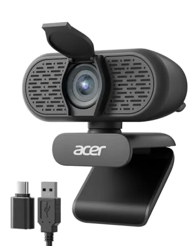 Acer Full HD 1080p Webcam mit Dual-Mikrofon, Automatische Lichtkorrektur | Weitwinkel Streaming Kamera, Privatsphäre-Abdeckung, USB-A auf Type C Adapter, Geräuschunterdrückung, Festfokus, Plug &Play