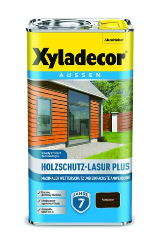 Xyladecor Holzschutz-Lasur Plus Palisander, 4 l - Lacke mit bis zu 7 Jahren Wetterschutz, schnelltrocknend und atmungsaktiv für schöne, gleichmäßige Oberflächen.