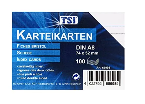 TSI Karteikarten DIN A8, 100-er Packung, liniert, Farbe weiß, Art.Nr. 65998