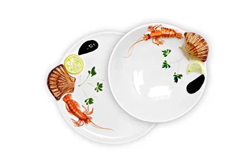 Lashuma 2er Fisch Geschirrset, Runder Platzteller 25 cm und Suppenteller 22 cm, Handgemachte Keramikteller aus Italien