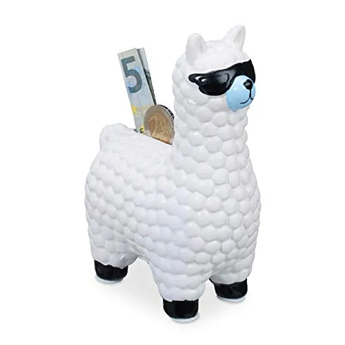 Relaxdays 2 x Lama Spardose, mit Sonnenbrille, Geschenkidee & Deko, Alpaka Sparbüchse aus Keramik, HxBxT: 15,5 x 11 x 6 cm, weiß