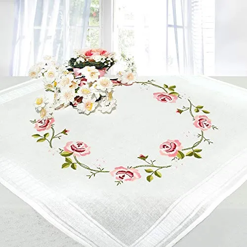 Ernst Schäfer Stickpackung ROSEN UND RANKEN, Tischdecken Set vorgezeichnet zum Sticken, Stickset mit Plattstich und Stielstich zum Selbersticken
