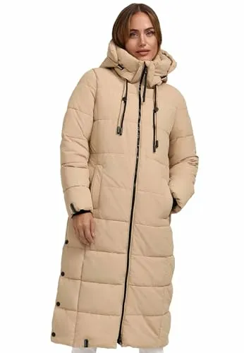 MARIKOO Damen Winterjacke Steppmantel B985 - Beige - Funktionsjacken: Stylische und warme Steppjacke mit hohem Kragen für optimalen Nacken- und Halschutz, ideal für kalte Wintertage.