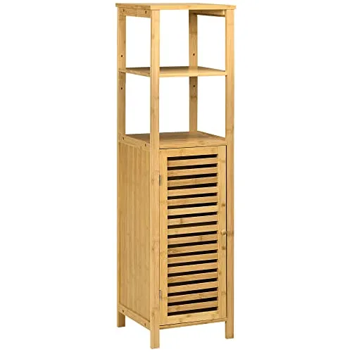 Kleankin Badkommode höhenverstellbar aus Bambus - Kommode für Badezimmer, kompakt und feuchtigkeitsresistent, mit 2 offenen Ablagen und höhenverstellbarem Schrank für optimalen Stauraum.