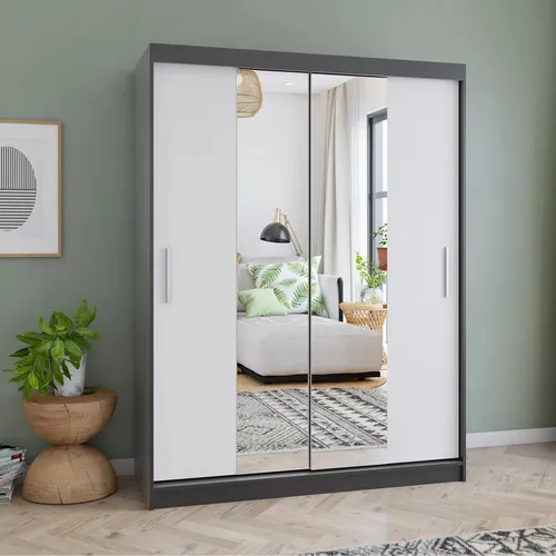 Eleganter Schwebetürenschrank Vista 01 mit Spiegeln - 150 cm Schwarz/Weiß - Schwebetürenschrank mit zwei Spiegeln, Maße: 150 cm Breite, geräumige Einlegeböden und Kleiderstange für perfekte Organisation. Ideal für moderne Schlafzimmer.