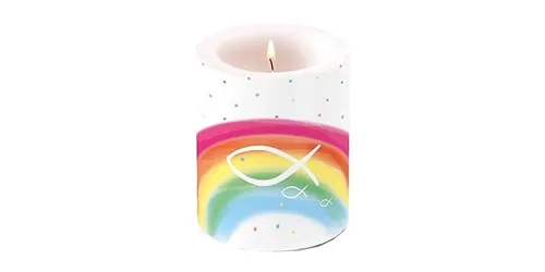 ZauberDeko Stumpenkerze Kerze Regenbogen Fisch Bunt Kommunion Konfirmation 9cm H 7,5cmØ