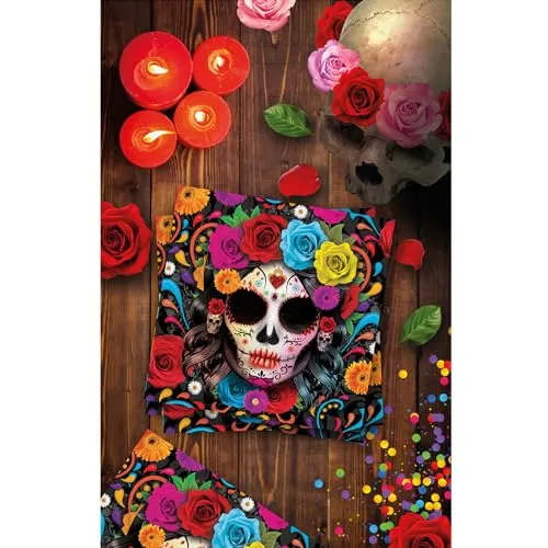 NET TOYS La Catrina Servietten - Bunt 33x33cm - Schaurige Party-Dekoration Tag der Toten Tischservietten - Day of The Dead Papier-Servietten für Halloween & Horror-Party