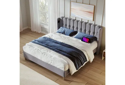 Odikalo Polsterbett Jugendbett 90-160x200 Rosa/Grau mit USB - Stylisches Einzelbett mit rosa Samtbezug und praktischem USB-Anschluss. Robuste Bauweise und einfache Selbstmontage für ein gemütliches Schlafzimmer.
