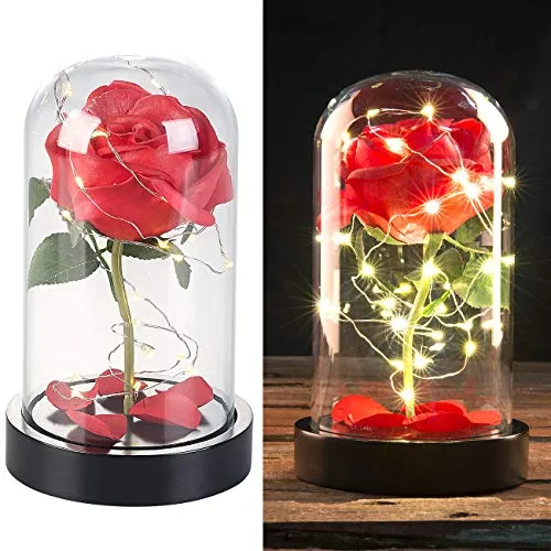 Lunartec Rose im Glas: Edle Kunst-Rose mit LED-Beleuchtung in Echtglas-Kuppel, rot (im Glas mit Licht, Leuchtende, unter Glasglocke)