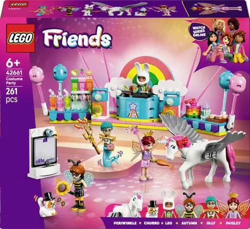 LEGO FRIENDS Kostümparty mit Einhorn und Fee 42661 - LEGO Friends Set für kreative Rollenspiele, inklusive 4 Mini-Puppen, Katze, Pferd und Partyzubehör. Ideal für Kinder ab 6 Jahren, fördert Fantasie und soziale Interaktion.