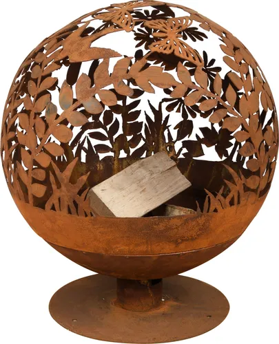 Rost-Optik Feuerball BLUMEN 58x58x66cm - Dekorativer Metall Lagerfeuer - Grills - Wunderschöner Feuerball 'Blumen' mit laser-cut Motiven, ideal für gemütliche Abende im Garten. Rostiger Look für stilvolle Akzente im Freien.