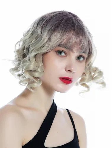 Perücke Damen kurz Pony Korkenzieher-Locken Ombre Dunkel-Violett Hellblond wig