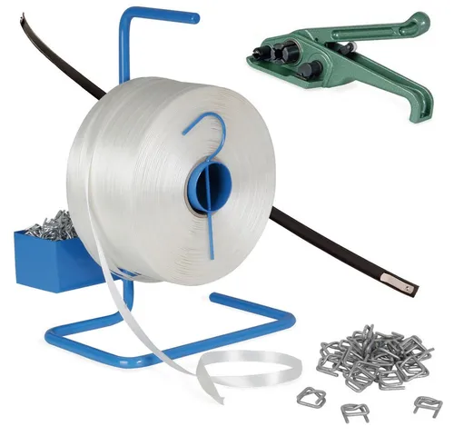 BRB-Lagertechnik Spanngurt Umreifungsset - Komplett-Set für professionelle Umreifung mit 850 m zugfestem Polyester-Kraftband (bis 500 kg Zugkraft) und Bandabroller - ideal für Lager, Handwerk und Versand.