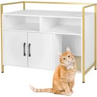 Katzenschrank Katzenhöhle für Katzenklo – Stilvoller Rückzugsort - Schöner Katzenschrank in Weiß/Gold, ideal als Schlafhöhle oder für das Katzenklo. Mit 90 cm Breite und 74 cm Höhe bietet er Komfort und eine ansprechende Optik.