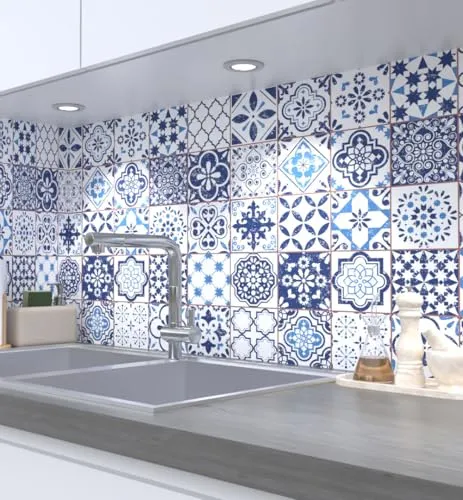 MyMaxxi Küchenrückwand Folie selbstklebend matt - einfache Montage ohne Bohren 0,4mm stark Versteift - Motiv Retro 02-60cm hoch - Spritzschutz Küche Klebefolie - Kachel Mosaik Ornament 80 x 60cm