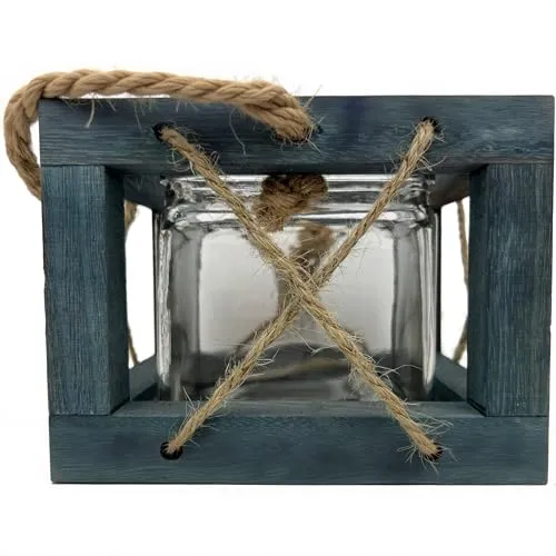 Maritime Holz-Laterne mit Glaseinsatz, Blau, Kordel-Design, Windlicht zum Aufhängen/Hinstellen, 12x16x15 cm