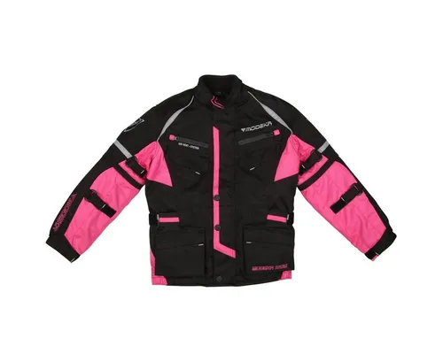 Modeka Motorradjacke Tourex II Kids - Bikerjacke für Kids in schwarz/pink, atmungsaktiv und winddicht, ideal für kleine Motorradfahrer, die Wert auf Sicherheit und Style legen.