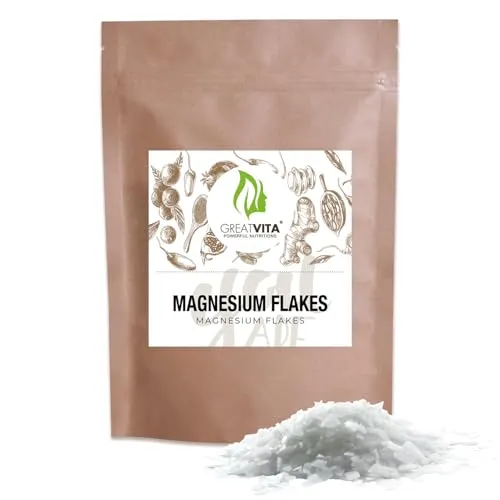 GreatVita Magnesium-Flakes 1000g | naturbelassenes Magnesiumchlorid aus dem Zechsteinmeer 47% MgCl2 | Premium Qualität ideal für Fußbad, Vollbad & DIY-Magnesiumöl - GreatVita