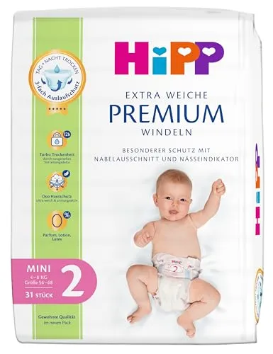HiPP Extra Weiche Premium Windeln Größe 2 (Mini 4-8 kg), 93 Stück (3 Packungen mit 31), mit 3-fach Auslaufschutz und Duo Hautschutz