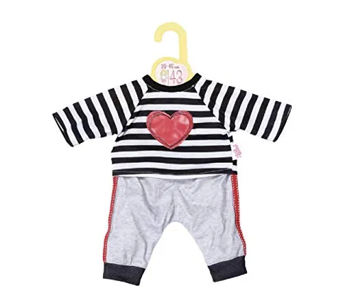 Dolly Moda Sport Outfit gestreift, schwarz weiß gestreifter Pullover mit Herz Aufdruck und grauer Puppenhose für 39-46 cm große Puppen, 871249 Zapf Creation