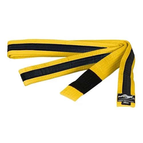 Ju-Sports BJJ Kindergürtel - gelb mit schwarzem Streifen, Baumwolle 4cm breit I BJJ Gürtel mit schwarzem Abschnitt für Zwischenstufen I Mehrfach gesteppt I 220 cm