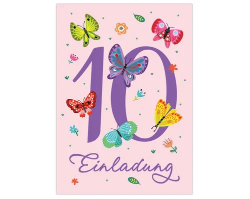 JUNAPACK Einladungskarten Schmetterling Einladungen zum 10. Kindergeburtstag Mädchen Karten, Einladungskarten mit Schmetterling zum zehnten Kindergeburtstag