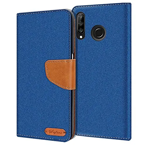 CoolGadget Handyhülle Stoff für Huawei P30 Lite Textil Wallet Case, Stoff-Design mit Magnetverschluss & Kartenfächern, kompatibel mit Huawei P30 Lite (6,2 Zoll), Blau