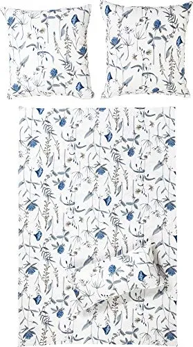 Erwin Müller Perkal-Seersucker Bettwäsche blau-weiß Größe 40x80 cm / 155x200 cm geblümt, schnelltrocknend, bügelfrei, mit Reißverschluss