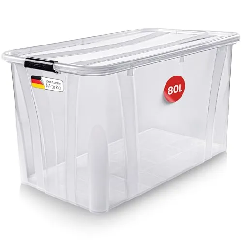 KONZEPT Aufbewahrungsbox 80 L mit Deckel – stapelbare, transparente Kunststoffbox - Aufbewahrungsboxen für vielseitige Nutzung: BPA-frei, mit robusten Verschlüssen für sichere Lagerung und einfache Reinigung – ideal für Ordnung in Garagen und Kellern.