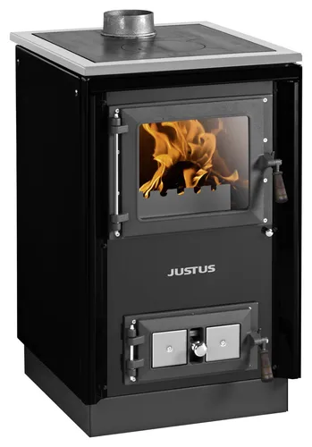 Justus Rustico-50 2.0 Festbrennstoffherd - Schwarz - Kaminofen mit 7 kW Leistung, ideal zum Kochen und Heizen, höhenverstellbar und mit integrierter Scheibenspülung für klare Sicht auf das Flammenspiel.