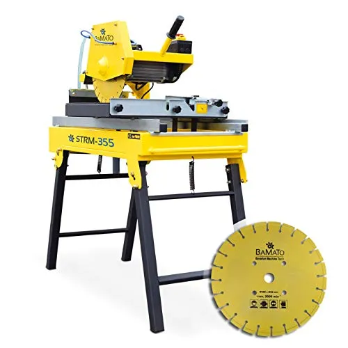 BAMATO Steinsäge STRM-355 | mit Fahrwerk & Diamanttrennscheibe | Schnittlänge: max. 700mm | 2200 Watt Leistung | mit Wasserpumpe | inkl. Sägeblatt 350mm/30mm Bohrung | Steintrennmaschine