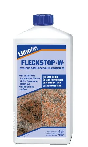 Lithofin Fleckstop W Spezialimprägnierung 5 Liter - Effektive Spezialimprägnierung für saugfähige Keramik-, Natur- und Betonwerksteinbeläge. Schützt zuverlässig vor Flecken und erleichtert die Pflege. Ideal für Küchen und Essbereiche.