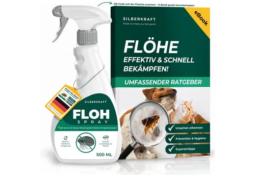 Silberkraft Insektenspray Flohspray Textil & Umgebung 500 ml inkl. E-Book, Als Umgebungsspray: gezielte Anwendung für eine flohfreie Umgebung, 1-St., Inklusive E-Book mit Tipps zur Vorbeugung & Bekämpfung von Flohbefall, Abwehr von Flöhen in der Umgebung: Textilien, Schlafplätze & Wohnräume
