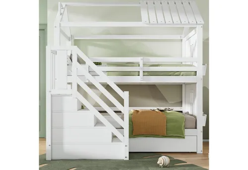 Redom Etagenbett, Weiß, Holz, 90x200 cm – Praktische Kindermöbel für Ordnung und Spielspaß - Das Redom Etagenbett bietet nicht nur zwei Schlafplätze, sondern auch cleveren Stauraum. Mit Schubladen und Regalen sorgt es für Ordnung im Kinderzimmer und überzeugt durch seine stabile Bauweise aus Kiefernholz.