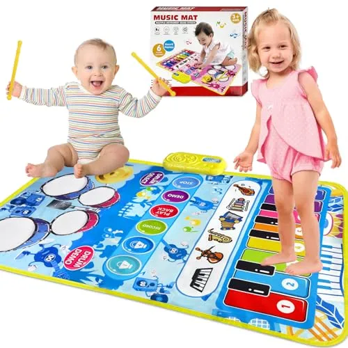 TOFFCAEA Musikmatte, Klaviermatte, Jazztrommel, Baby Spielzeug Musik Klaviermatte Keyboard Kinder, Spielzeug Geburtstag für Mädchen Junge ab 1 2 3 4 Jahre Kleinkinde (Blau)