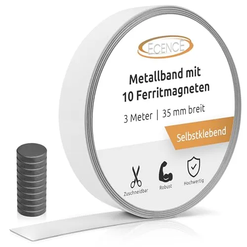 ECENCE Metallband selbstklebend, (3m), Ferroband Weiss, Magnetband selbstklebend, (35mm Breite) Eisenband, Stahlband, inkl 10x Ferrit Magnete
