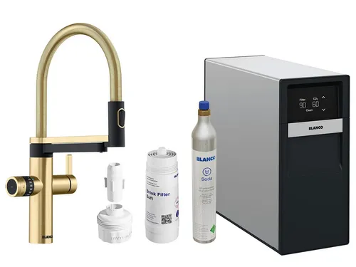 BLANCO drink.soda EVOL-S Pro, Satin Gold matt - Armatur mit 5-in-1 Funktion: Zapfen Sie direkt aus dem Wasserhahn gekühltes, gefiltertes stilles oder sprudelndes Wasser. Ideal für einen gesunden Lebensstil und bequemes Wassermanagement.
