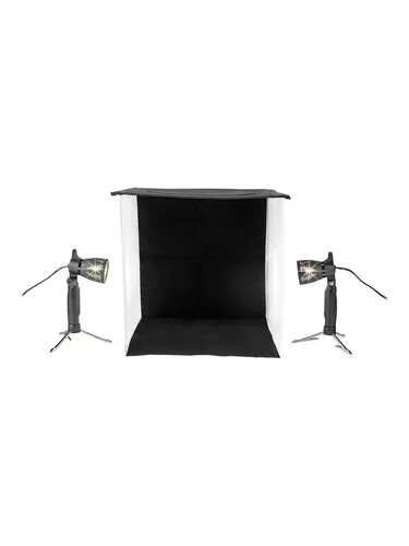 Nedis Foto Studio Kit SKT010WT | Schwarz - Fotostudio Zubehör mit klappbarem Design, zwei Lampen und vier Hintergrundfarben für perfekte Beleuchtung und Farbverhältnisse - ideal für Produktfotografie ohne aufwendige Nachbearbeitung.