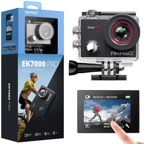 AKASO Action Cam 4K 20MP - Wasserdichte Unterwasserkamera mit Touchscreen - Actionkameras: Nehmen Sie mit der AKASO EK7000 Pro in 4K und 20MP Ihre Abenteuer auf. Wasserdicht bis 40m und mit elektronischer Bildstabilisierung für gestochen scharfe Videos.