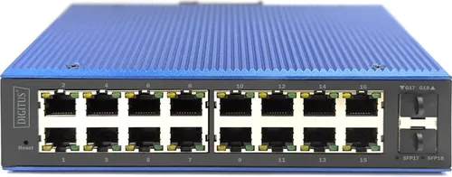 Digitus DN-651159 Industrial Ethernet Switch 16 + 2 Port 1 GBit/s - Switch u. Bridges mit 16x RJ45 und 2x SFP Uplinks, bietet erweiterte Sicherheitsfunktionen, VLAN-Management und PoE-Unterstützung für zuverlässige Netzwerkperformance.