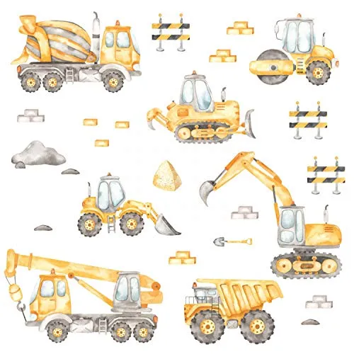 Wandtattoo Baustelle Aquarell - Fahrzeuge Bagger Autokran und co. Größe 750 x 420 mm - in 6 Größen - Kinderzimmer Sticker Wandaufkleber Wandsticker Wanddeko Wandbild Junge Mädchen 206