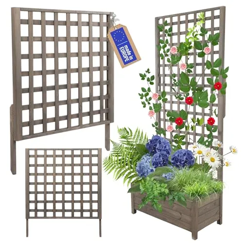 MODO24 Rankgitter aus Holz für Pflanzkübel, Modul zur Blumenkasten, Rankhilfe, Pflanzengitter Scherenspalier für Kletterpflanzen, FSC®-zertifiziertes Kiefernholz, 94x80 cm, Farbe: Grau
