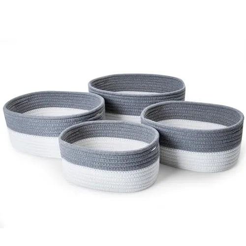 Ezvsevuo Baumwoll Aufbewahrungskorb mit Griff 4er Set, Körbe Handgewebt Baumwolle, Storage Basket, Gewebter Baumwollseil Korb Aufbewahrung Organizer Für Regal Schrank Bad Kinderzimmer, Weiß & Grau