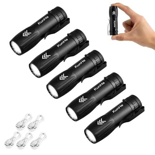 KunHe Kleine LED Taschenlampe Aufladbar 5er Set, Mini Taschenlampe USB-C mit Clip, 300 Lumen Aluminium Taschenlampen Klein für Auto, Haushalt, Notfall und Camping