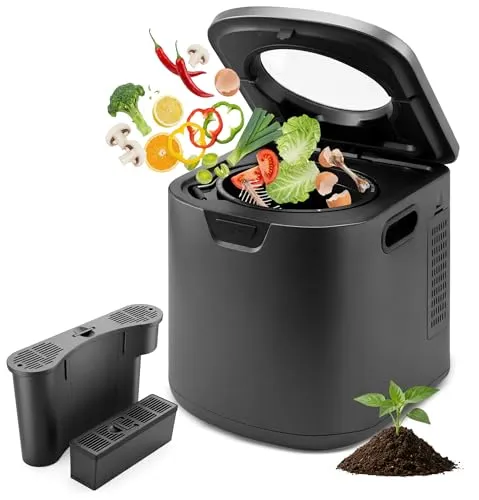 NutriChef Elektrischer Küchenkomposter, intelligenter Komposter mit 2 geruchlosen Kohlefiltern, elektrischer Komposteimer für den Innenbereich, 3 Volumenbasierte Modi, klein, mittel und groß, Schwarz