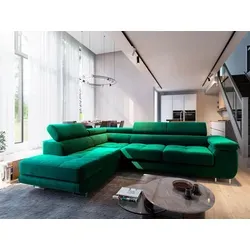 Masseno Ecksofa SELVA L-S mit Schlaffunktion - Ecksofa mit Bettkasten, ideal für Gästeübernachtungen und bietet zusätzlichen Stauraum. Elegantes Design in trendigem Grün, perfekt für Ihr Wohnzimmer.