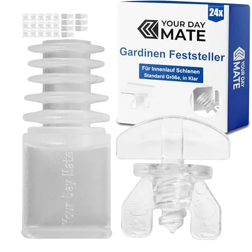 Gardinen Feststeller Set, 24 Stück, Transparent, Kunststoff, 2 Varianten, Gardine Stopper für Schienensysteme mit Innenläufen, Zwischenfeststeller Vorhangschiene, Endstopfen Schiene, Endfeststeller