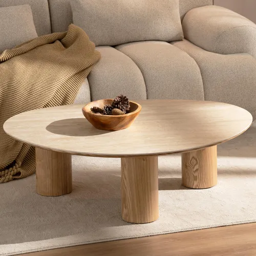 riess-ambiente Couchtisch ORGANIKO 110 cm – Elegante Kombination aus Keramik und Eiche - Moderner Couchtisch mit 110 cm Durchmesser, aus pflegeleichter Keramik im Travertin-Design und stabilen Eichenfüßen. Ideal für stilvolle Wohnräume und gemütliche TV-Ecken.